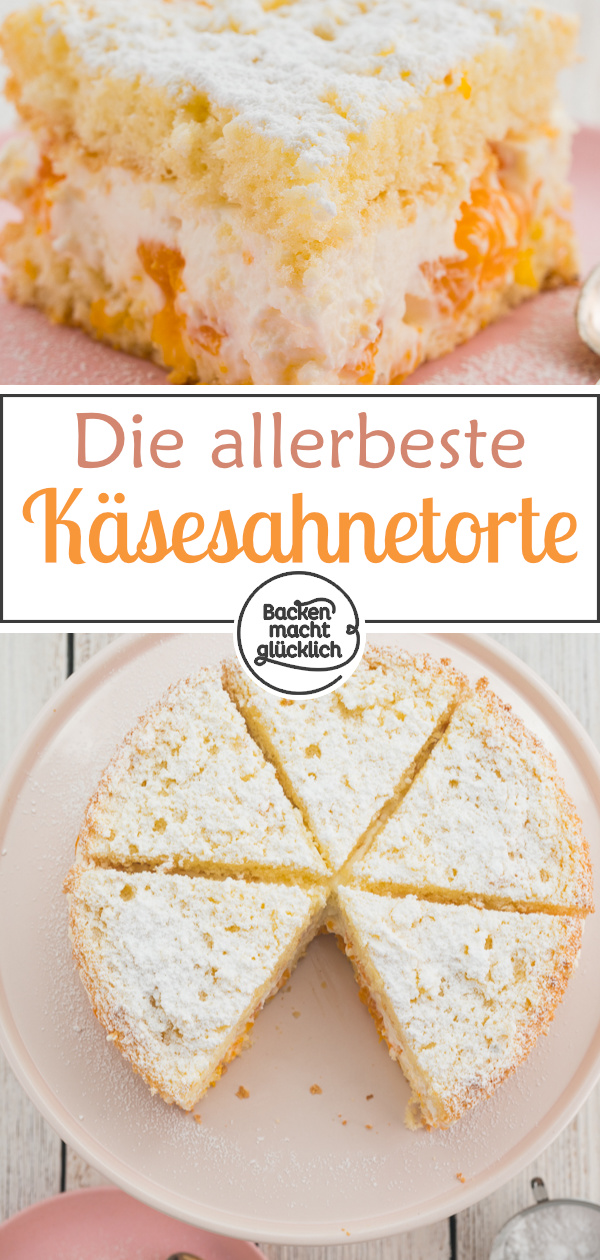 Lust auf eine köstliche Käse-Sahne-Torte mit Mandarinen und Quark? Dieses klassische, einfache Käsesahnetorten-Rezept ist sehr beliebt!