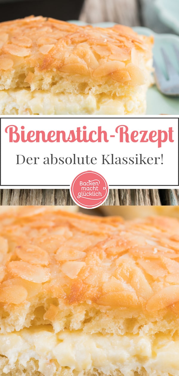 Einer der besten klassischen Blechkuchen: Dieser Bienenstich mit köstlicher Mandelkruste schmeckt einfach genial!