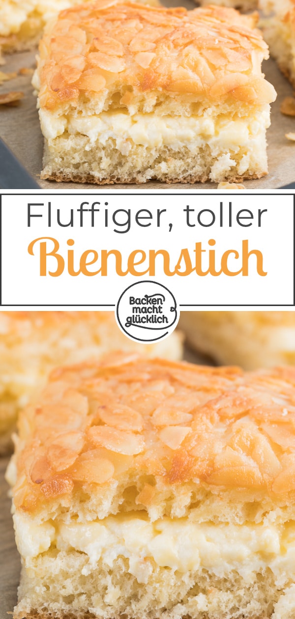 Einer der besten klassischen Blechkuchen: Dieser Bienenstich mit köstlicher Mandelkruste schmeckt einfach genial!