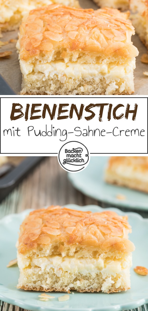 Einer der besten klassischen Blechkuchen: Dieser Bienenstich mit köstlicher Mandelkruste schmeckt einfach genial!