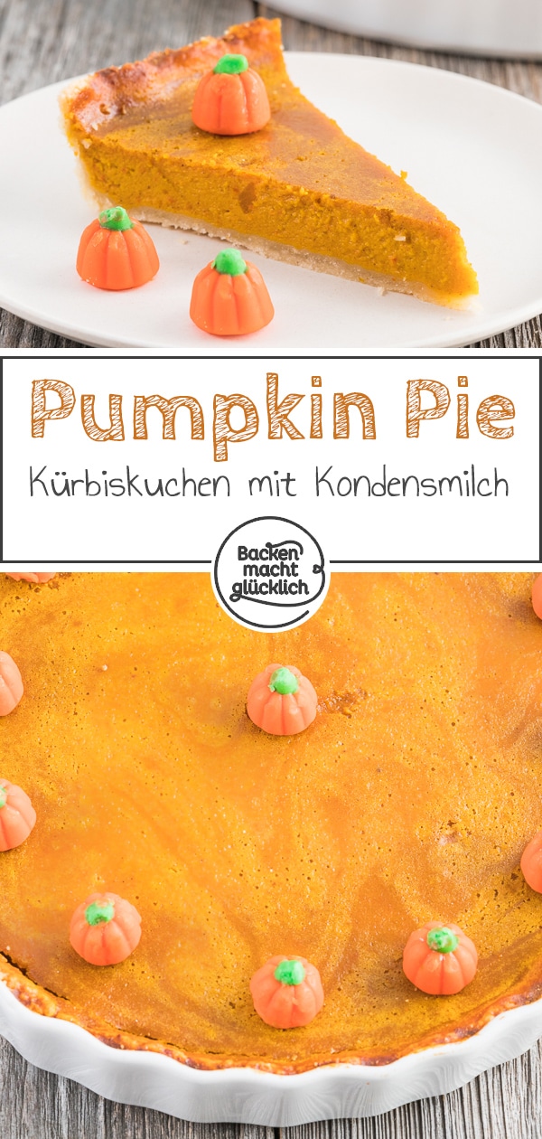 Lust auf einen original amerikanischen Pumpkin Pie? Der Kuchen mit Hokkaido Kürbis ist ein echter Klassiker und schmeckt super cremig und saftig. #kürbiskuchen #pumpkinpie #halloween #backenmachtglücklich