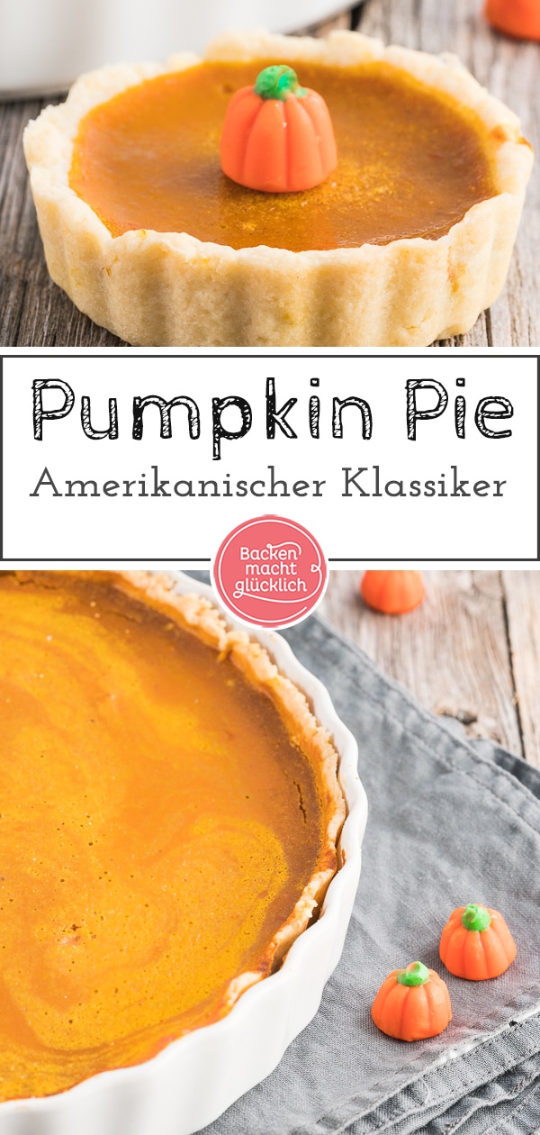 Lust auf einen original amerikanischen Pumpkin Pie? Der Kuchen mit Hokkaido Kürbis ist ein echter Klassiker und schmeckt super cremig und saftig. #kürbiskuchen #pumpkinpie #halloween #backenmachtglücklich