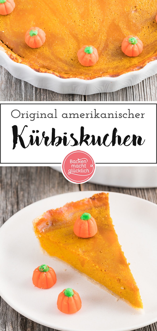 Lust auf einen original amerikanischen Pumpkin Pie? Der Kuchen mit Hokkaido Kürbis ist ein echter Klassiker und schmeckt super cremig und saftig. #kürbiskuchen #pumpkinpie #halloween #backenmachtglücklich