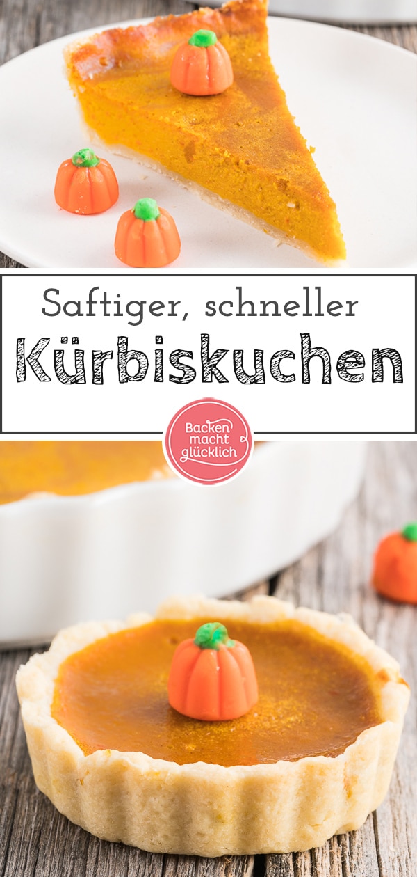 Lust auf einen original amerikanischen Pumpkin Pie? Der Kuchen mit Hokkaido Kürbis ist ein echter Klassiker und schmeckt super cremig und saftig. #kürbiskuchen #pumpkinpie #halloween #backenmachtglücklich