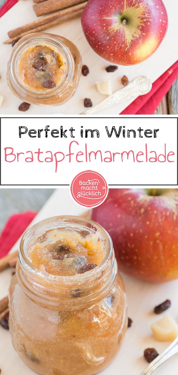 In dieser Bratapfelmarmelade stecken gebackene Äpfel, Zimt, Rosinen und Marzipan – für mich die perfekte winterliche Kombination aus Zutaten. Die Bratapfelmarmelade ist nicht nur ein köstliches Last-Minute-Geschenk aus der Küche, sondern nach den Feiertagen auch eine tolle Möglichkeit, Reste aus der Weihnachtsbäckerei zu verwerten.