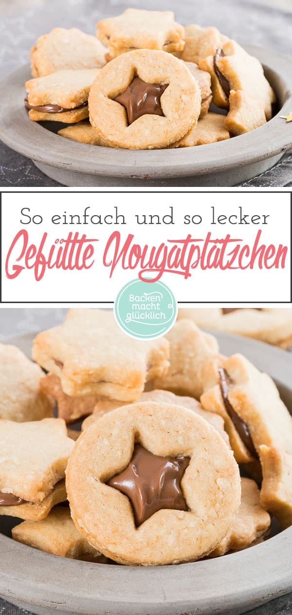 Nuss-Nougat-Plätzchen - mürbe und knusprige Kekse, dazu feines Nougat, das ganze aromatisiert mit etwas Cappuccino. Rein optisch erinnern die Nuss-Nougat-Plätzchen ein wenig an Omas Spitzbuben, der Geschmack geht aber in eine völlig andere Richtung: Richtig schön schokoladig und nussig sind die gefüllten Nougatplätzchen.