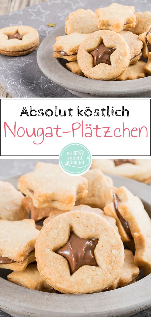 Nuss-Nougat-Plätzchen - mürbe und knusprige Kekse, dazu feines Nougat, das ganze aromatisiert mit etwas Cappuccino. Rein optisch erinnern die Nuss-Nougat-Plätzchen ein wenig an Omas Spitzbuben, der Geschmack geht aber in eine völlig andere Richtung: Richtig schön schokoladig und nussig sind die gefüllten Nougatplätzchen.