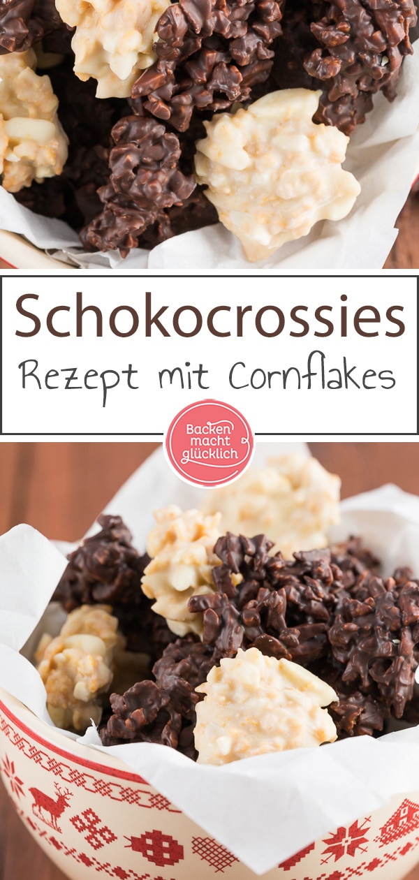 Schokocrossies mit Cornflakes und Mandeln gehen einfach immer! Die leckeren Knusperhäufchen schmecken an Weihnachten oder über das ganze Jahr verteilt.