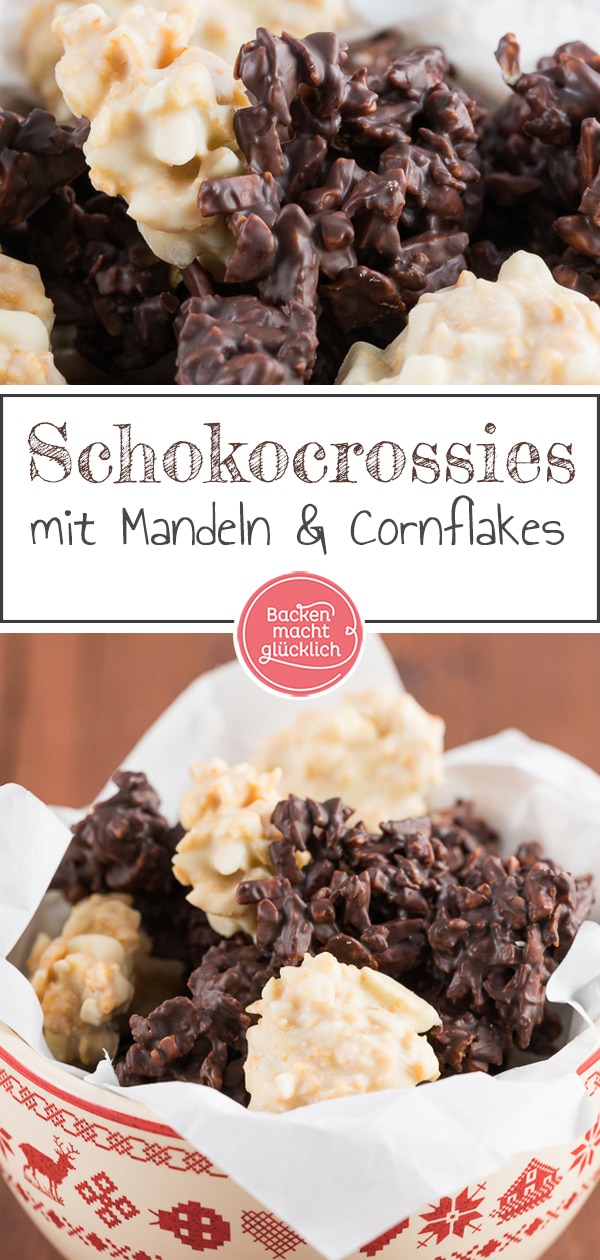 Schokocrossies mit Cornflakes und Mandeln gehen einfach immer! Die leckeren Knusperhäufchen schmecken an Weihnachten oder über das ganze Jahr verteilt.