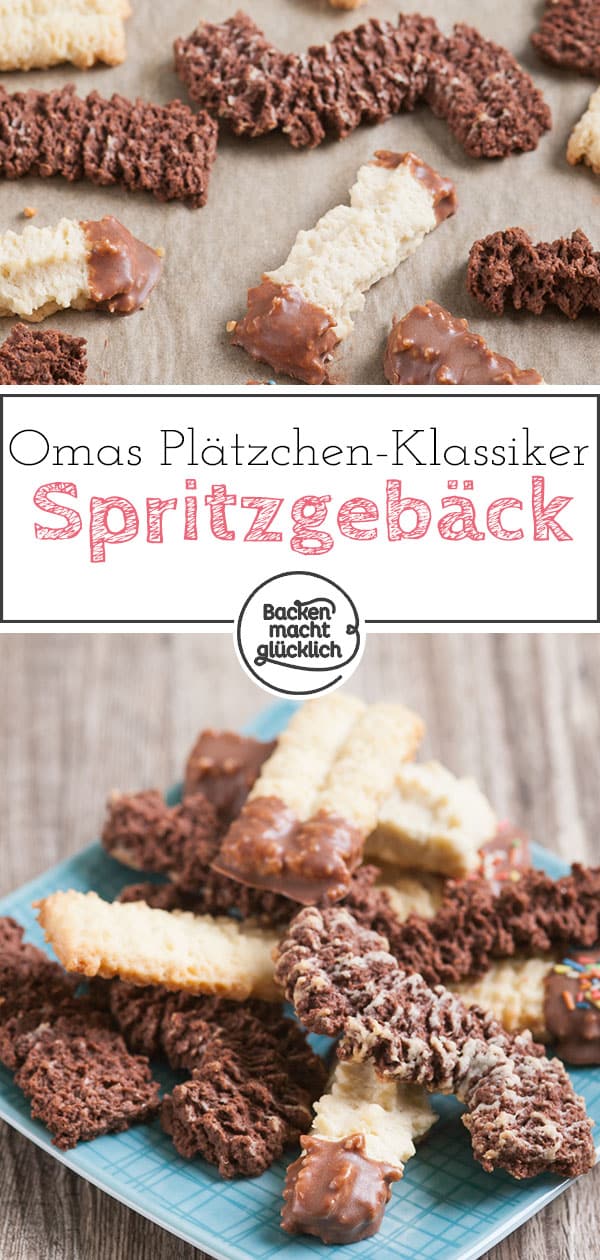 Omas einfaches Spritzgebäck-Grundrezept kommt immer gut an und ist wunderbar variabel. Die Spritzgebäck Kekse schmecken super buttrig und mürbe. Ein echter Weihnachtsklassiker!