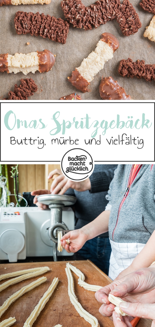 Omas einfaches Spritzgebäck-Grundrezept kommt immer gut an und ist wunderbar variabel. Die Spritzgebäck Kekse schmecken super buttrig und mürbe. Ein echter Weihnachtsklassiker!