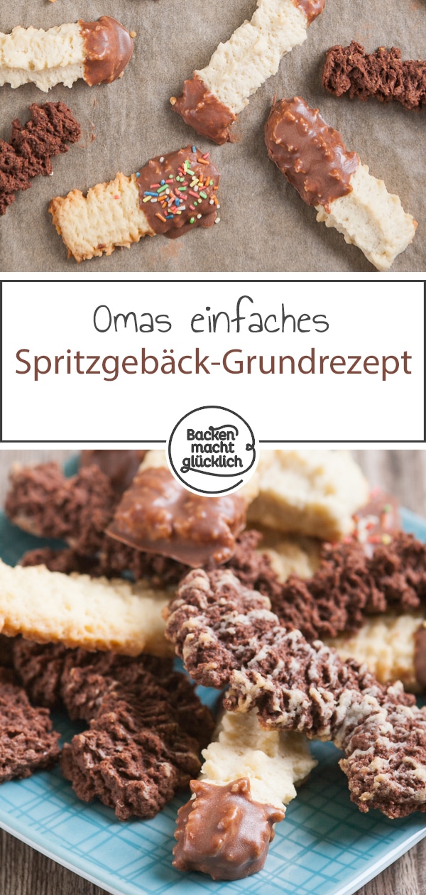 Omas einfaches Spritzgebäck-Grundrezept kommt immer gut an und ist wunderbar variabel. Die Spritzgebäck Kekse schmecken super buttrig und mürbe. Ein echter Weihnachtsklassiker!