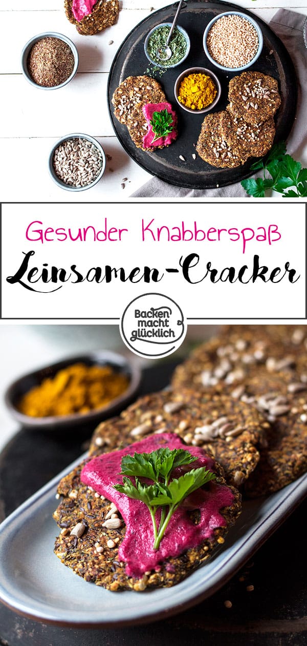 Gesunder Knabberspaß: Diese knusprigen Leinsamen-Cracker sind u.a. glutenfrei, vegan, sojafrei und low carb. Besonders gut schmecken die gesunden Leinsamen-Cracker mit einem cremigen Rote Bete Dip.