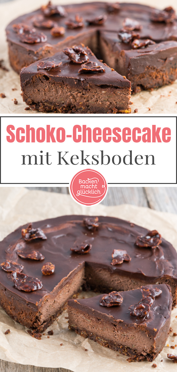 Dieser Chocolate Cheesecake ist köstlich! Der Knusperboden macht den Schokoladen-Käsekuchen so besonders.