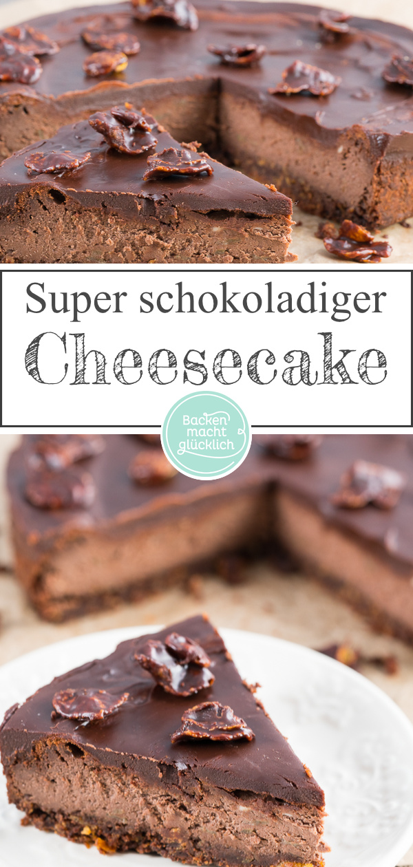 Dieser Chocolate Cheesecake ist köstlich! Der Knusperboden macht den Schokoladen-Käsekuchen so besonders.