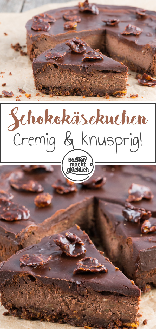 Dieser Chocolate Cheesecake ist köstlich! Der Knusperboden macht den Schokoladen-Käsekuchen so besonders.