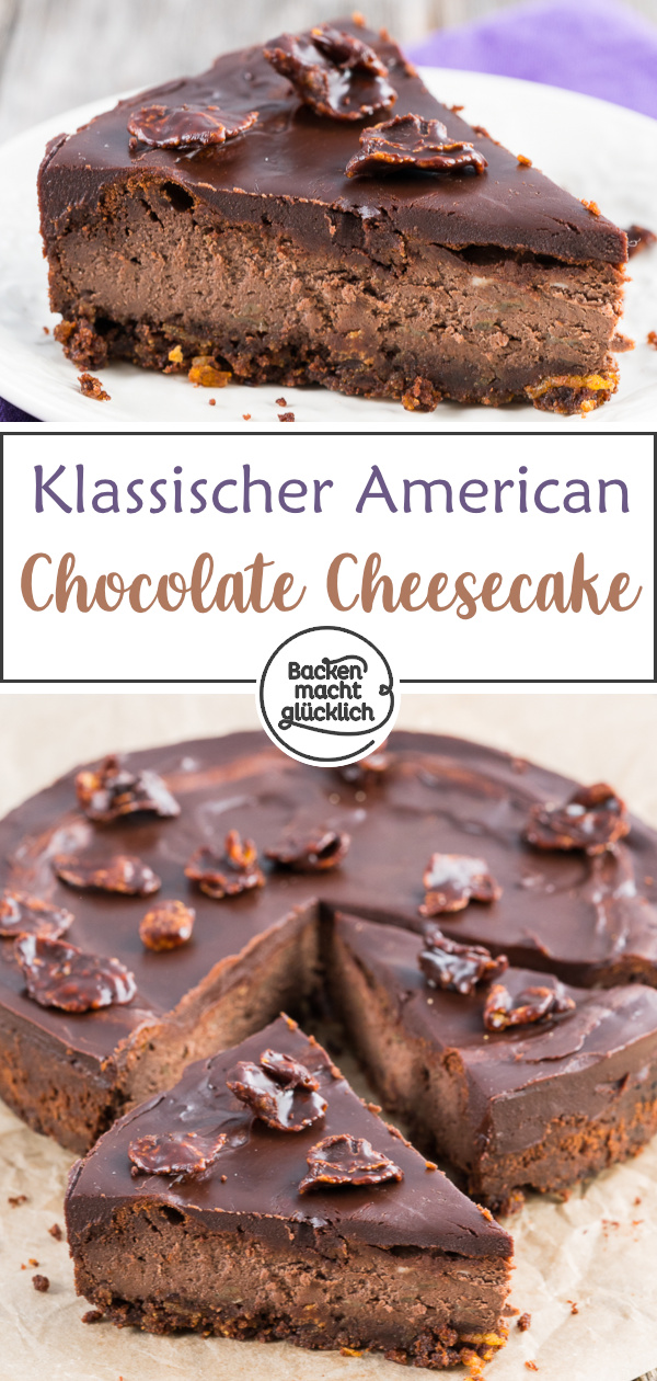 Dieser Chocolate Cheesecake ist köstlich! Der Knusperboden macht den Schokoladen-Käsekuchen so besonders.