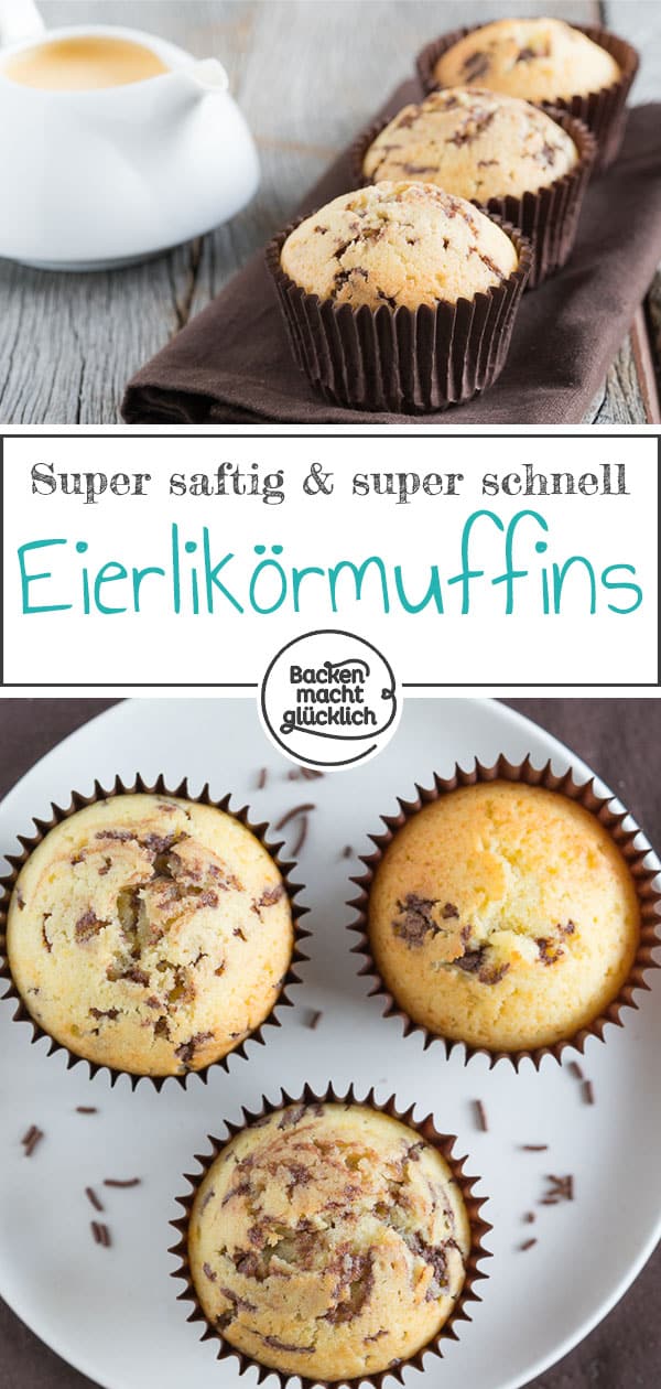 Diese Eierlikörmuffins sind supersaftig, flaumig und locker. Die Eierlikörmuffins mit Schokolade sind eine Wucht. Da schmeckt sogar mir Eierlikör. Außerdem sind die Muffins in nur 5 Minuten zusammen gerührt.