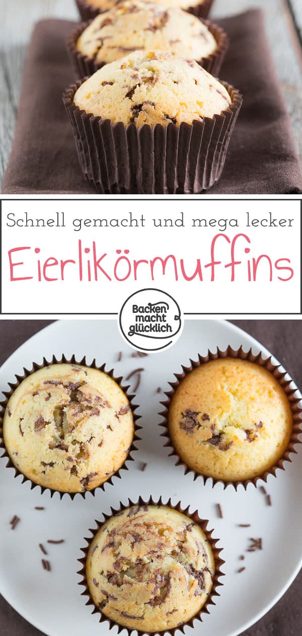 Diese Eierlikörmuffins sind supersaftig, flaumig und locker. Die Eierlikörmuffins mit Schokolade sind eine Wucht. Da schmeckt sogar mir Eierlikör. Außerdem sind die Muffins in nur 5 Minuten zusammen gerührt.