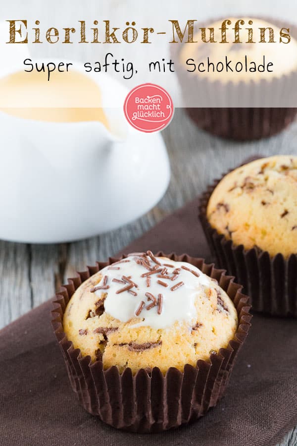 Diese Eierlikörmuffins sind supersaftig, flaumig und locker. Die Eierlikörmuffins mit Schokolade sind eine Wucht. Da schmeckt sogar mir Eierlikör. Außerdem sind die Muffins in nur 5 Minuten zusammen gerührt.