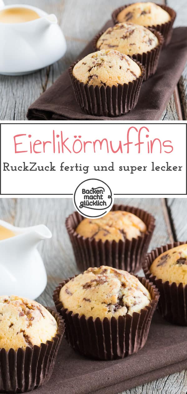 Diese Eierlikörmuffins sind supersaftig, flaumig und locker. Die Eierlikörmuffins mit Schokolade sind eine Wucht. Da schmeckt sogar mir Eierlikör. Außerdem sind die Muffins in nur 5 Minuten zusammen gerührt.