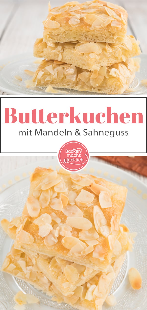 Omas saftiger Butterkuchen mit Mandeln und Sahne schmeckt wie vom Bäcker - nur viel besser! Eben ein echter Blechkuchen-Klassiker.