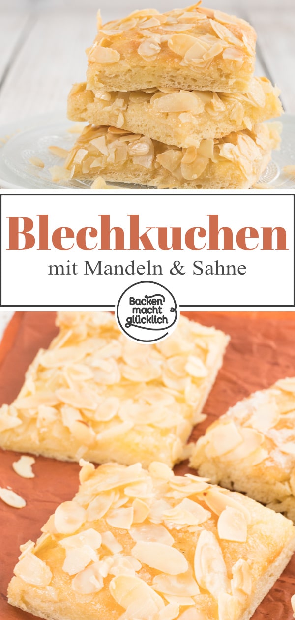 Omas saftiger Butterkuchen mit Mandeln und Sahne schmeckt wie vom Bäcker - nur viel besser! Eben ein echter Blechkuchen-Klassiker.