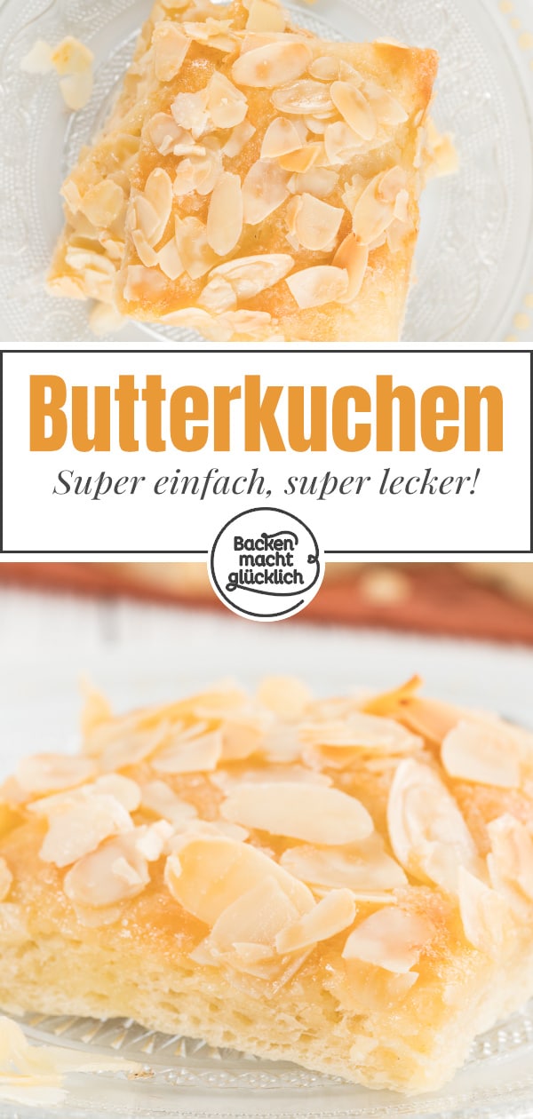 Omas saftiger Butterkuchen mit Mandeln und Sahne schmeckt wie vom Bäcker - nur viel besser! Eben ein echter Blechkuchen-Klassiker.