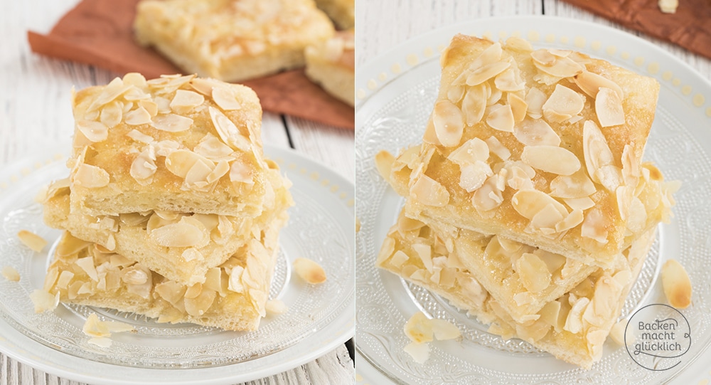 Omas saftiger Butterkuchen mit Mandeln und Sahne schmeckt wie vom Bäcker - nur viel besser! Eben ein echter Blechkuchen-Klassiker.