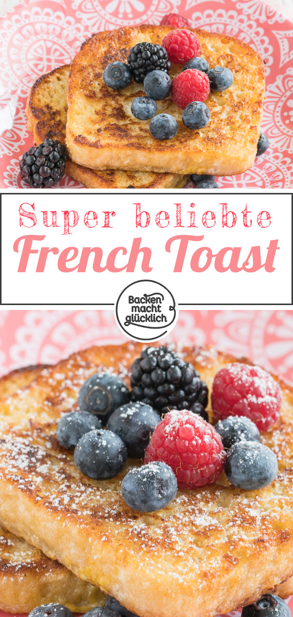 Einfaches Rezept für Arme Ritter. Die beliebte Süßspeise aus altem Brot, auch French Toast genannt, schmeckt mit Vanillesoße, Zimtzucker, Obst oder Konfitüre!