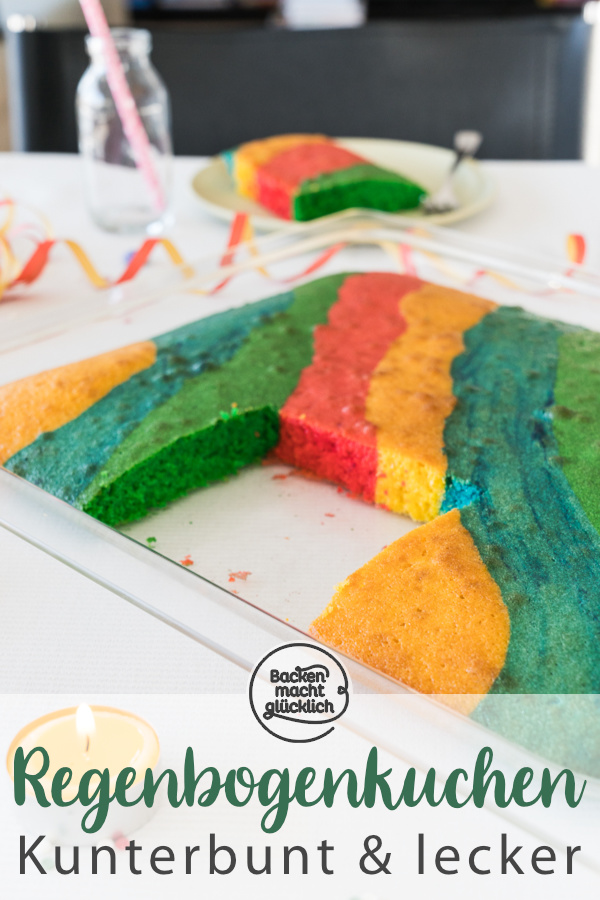 Dieser einfache Regenbogenkuchen aus Rührteig (Papageienkuchen) ist ein echter Hingucker: Kunterbunt und so lecker!