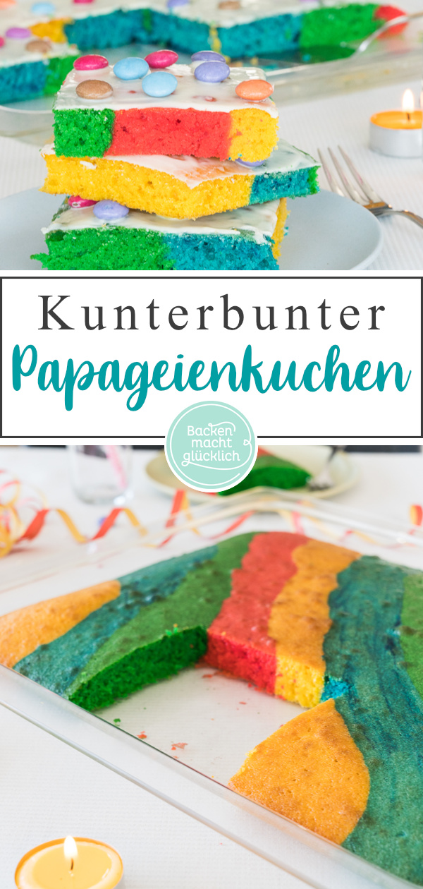 Dieser einfache Regenbogenkuchen aus Rührteig (Papageienkuchen) ist ein echter Hingucker: Kunterbunt und so lecker!