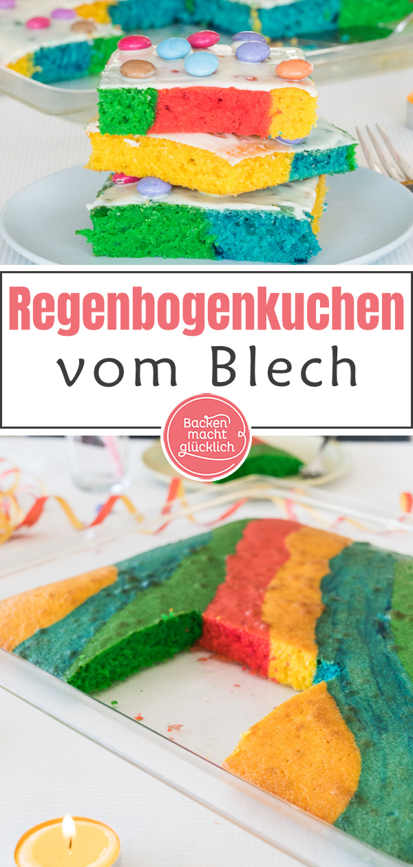 Dieser einfache Regenbogenkuchen aus Rührteig (Papageienkuchen) ist ein echter Hingucker: Kunterbunt und so lecker!