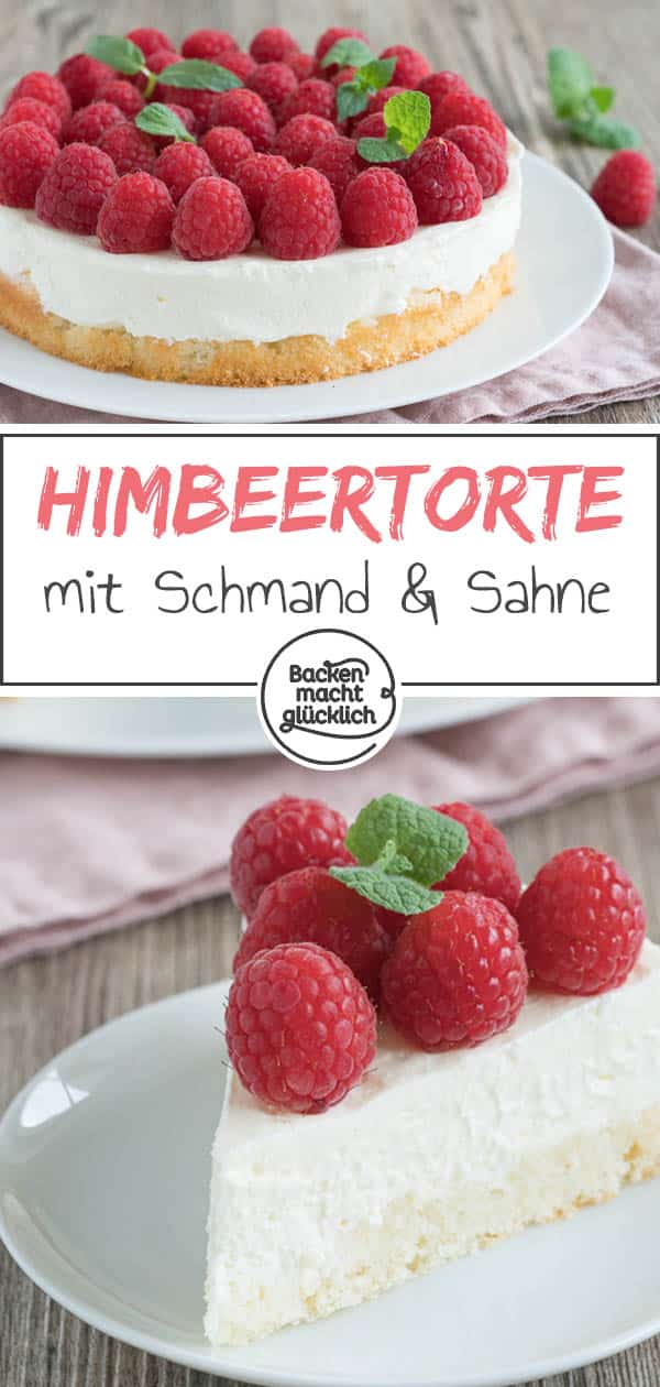 Diese Himbeertorte mit Schmand und Sahne ist wirklich supereinfach, cremig und ein richtig fruchtiger Sommer-Hit. Außerhalb der Saison schmeckt die Himbeer-Obsttorte auch mit TK-Beeren. #sommer #himbeeren #himbeertorte #backenmachtglücklich