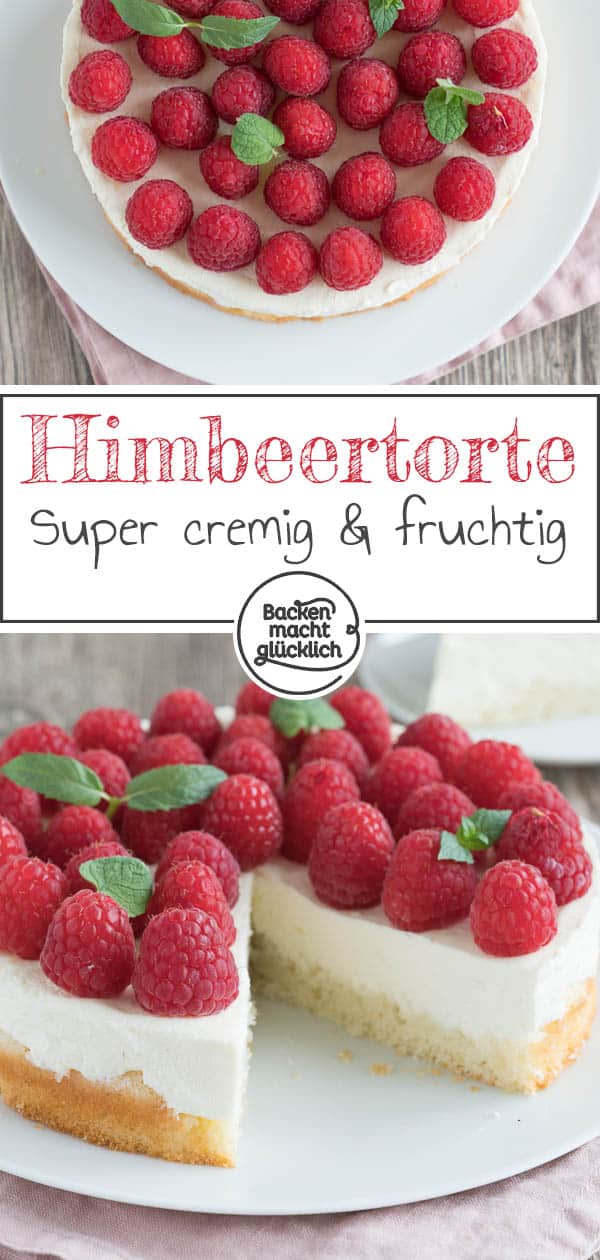 Diese Himbeertorte mit Schmand und Sahne ist wirklich supereinfach, cremig und ein richtig fruchtiger Sommer-Hit. Außerhalb der Saison schmeckt die Himbeer-Obsttorte auch mit TK-Beeren. #sommer #himbeeren #himbeertorte #backenmachtglücklich