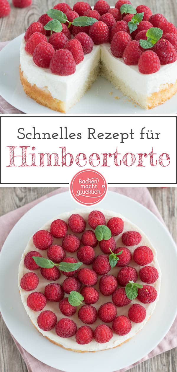 Diese Himbeertorte mit Schmand und Sahne ist wirklich supereinfach, cremig und ein richtig fruchtiger Sommer-Hit. Außerhalb der Saison schmeckt die Himbeer-Obsttorte auch mit TK-Beeren. #sommer #himbeeren #himbeertorte #backenmachtglücklich