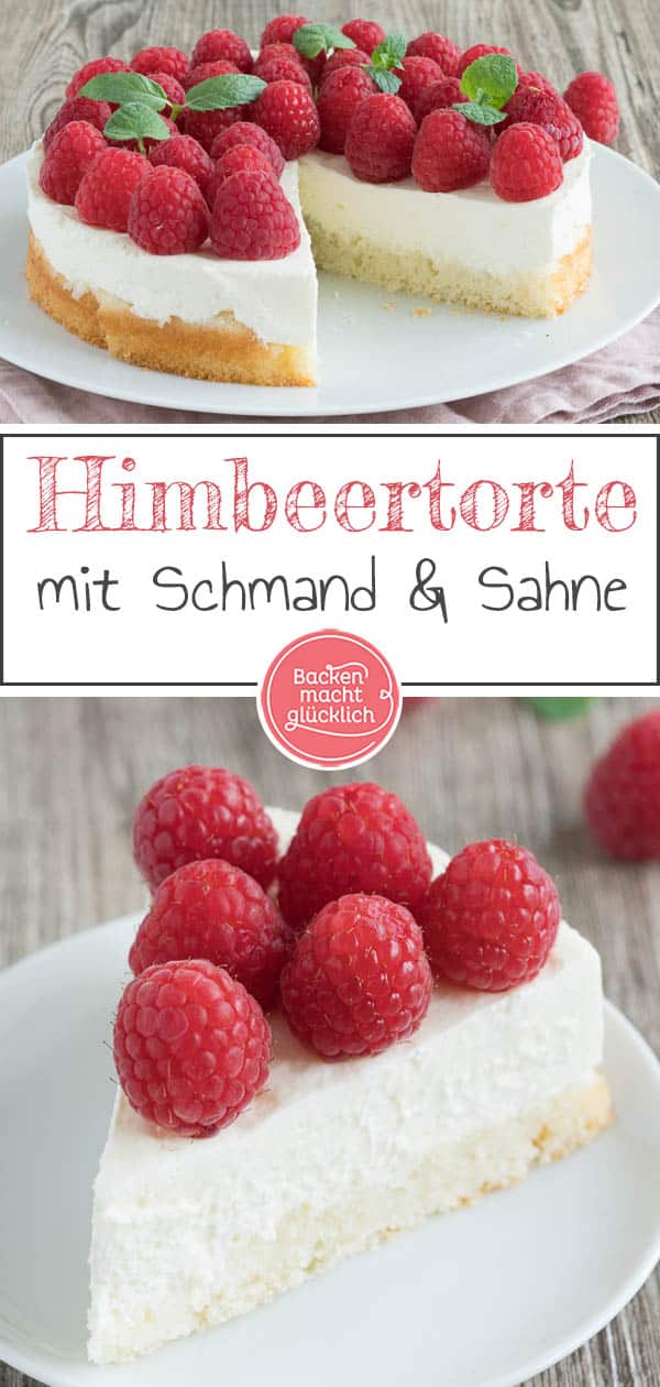 Diese Himbeertorte mit Schmand und Sahne ist wirklich supereinfach, cremig und ein richtig fruchtiger Sommer-Hit. Außerhalb der Saison schmeckt die Himbeer-Obsttorte auch mit TK-Beeren. #sommer #himbeeren #himbeertorte #backenmachtglücklich