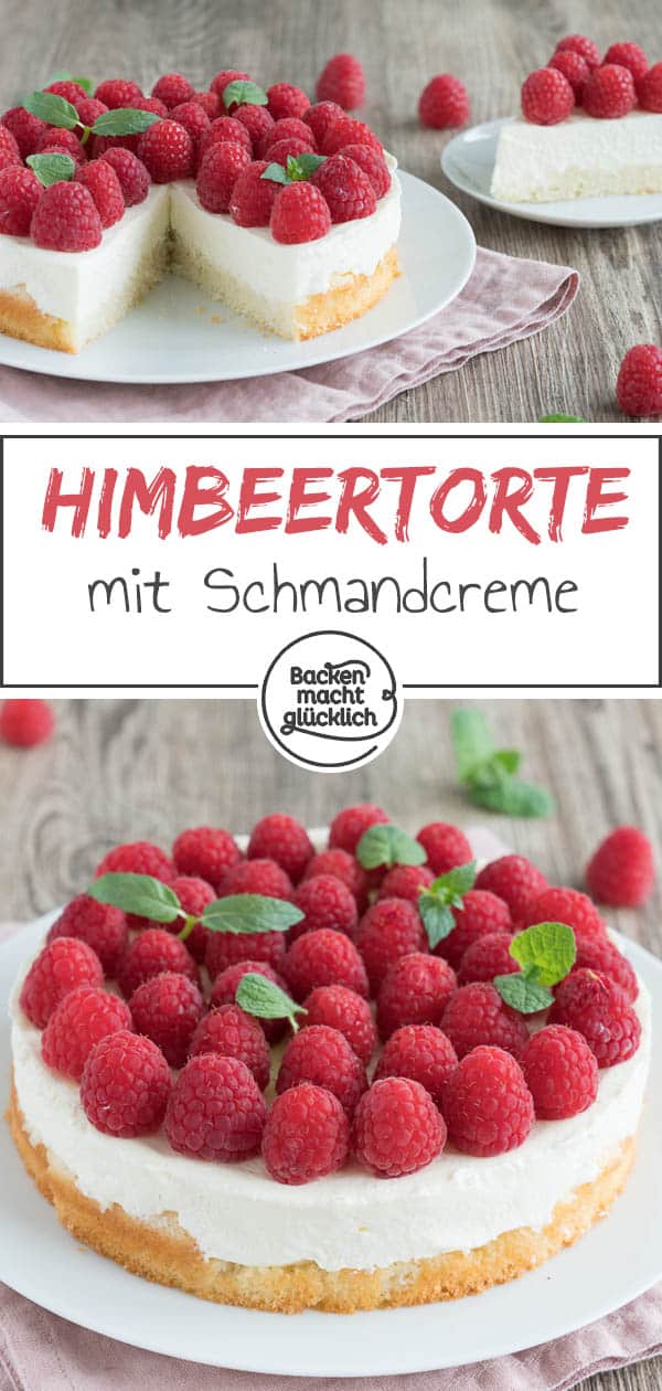 Diese Himbeertorte mit Schmand und Sahne ist wirklich supereinfach, cremig und ein richtig fruchtiger Sommer-Hit. Außerhalb der Saison schmeckt die Himbeer-Obsttorte auch mit TK-Beeren. #sommer #himbeeren #himbeertorte #backenmachtglücklich