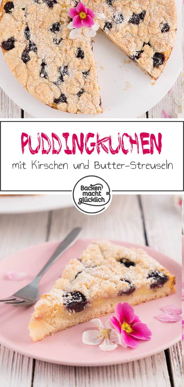 Der einfache Butterstreuselkuchen mit Pudding kommt wirklich immer gut an! Je nach Geschmack und Saison lässt sich der Pudding-Streusel-Kuchen mit Kirschen, Pflaumen oder Äpfeln kombinieren. Unbedingt austesten! #streusel #streuselkuchen #kirschkuchen #kirschen #obstkuchen #backenmachtglücklich