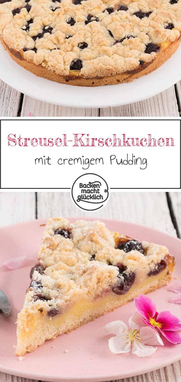 Der einfache Butterstreuselkuchen mit Pudding kommt wirklich immer gut an! Je nach Geschmack und Saison lässt sich der Pudding-Streusel-Kuchen mit Kirschen, Pflaumen oder Äpfeln kombinieren. Unbedingt austesten! #streusel #streuselkuchen #kirschkuchen #kirschen #obstkuchen #backenmachtglücklich