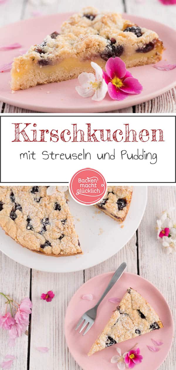 Der einfache Butterstreuselkuchen mit Pudding kommt wirklich immer gut an! Je nach Geschmack und Saison lässt sich der Pudding-Streusel-Kuchen mit Kirschen, Pflaumen oder Äpfeln kombinieren. Unbedingt austesten! #streusel #streuselkuchen #kirschkuchen #kirschen #obstkuchen #backenmachtglücklich