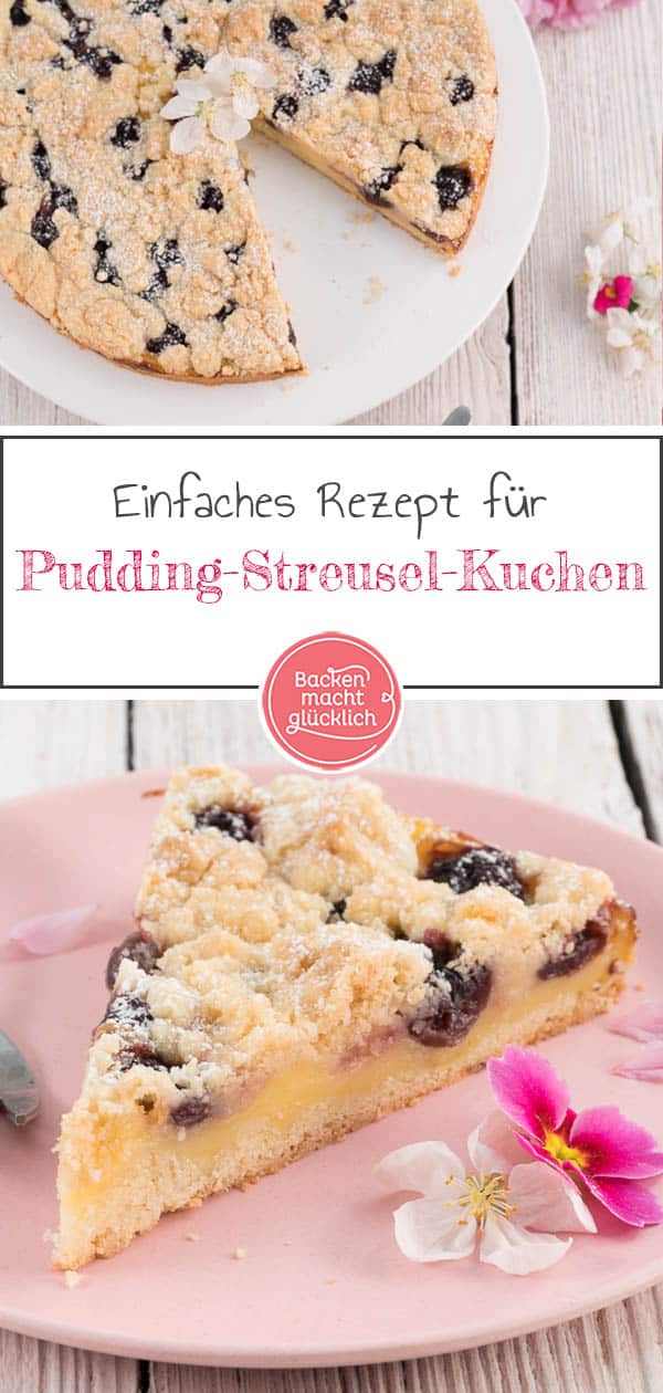 Der einfache Butterstreuselkuchen mit Pudding kommt wirklich immer gut an! Je nach Geschmack und Saison lässt sich der Pudding-Streusel-Kuchen mit Kirschen, Pflaumen oder Äpfeln kombinieren. Unbedingt austesten! #streusel #streuselkuchen #kirschkuchen #kirschen #obstkuchen #backenmachtglücklich