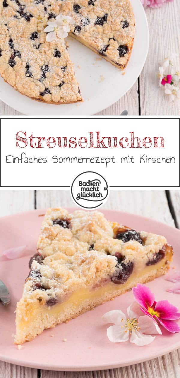 Der einfache Butterstreuselkuchen mit Pudding kommt wirklich immer gut an! Je nach Geschmack und Saison lässt sich der Pudding-Streusel-Kuchen mit Kirschen, Pflaumen oder Äpfeln kombinieren. Unbedingt austesten! #streusel #streuselkuchen #kirschkuchen #kirschen #obstkuchen #backenmachtglücklich