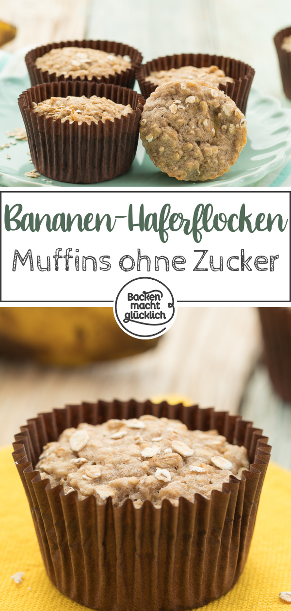 Vegane Bananen-Hafer-Muffins ohne Zucker, Ei und Fett kommen nicht nur bei Kindern gut an. Tolle gesunde Frühstücksmuffins!