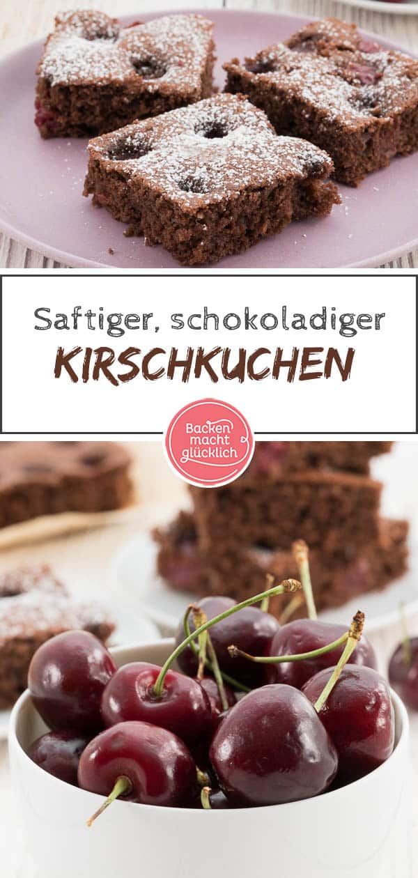 Dieser saftige Schoko-Kirschkuchen vom Blech vereint leicht herbe Zartbitterschokolade und fruchtig süße Kirschen. Der Schokoladenkuchen mit Kirschen ist ein echtes Geschmackserlebnis und ein toller Snack für den Sommer. #schoko #schokoladenkuchen #kuchen #kirschen #kirschkuchen #schokolade #backenmachtglücklich