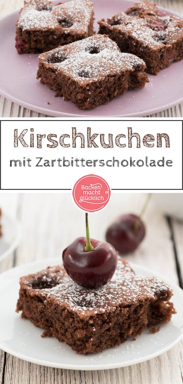 Dieser saftige Schoko-Kirschkuchen vom Blech vereint leicht herbe Zartbitterschokolade und fruchtig süße Kirschen. Der Schokoladenkuchen mit Kirschen ist ein echtes Geschmackserlebnis und ein toller Snack für den Sommer. #schoko #schokoladenkuchen #kuchen #kirschen #kirschkuchen #schokolade #backenmachtglücklich