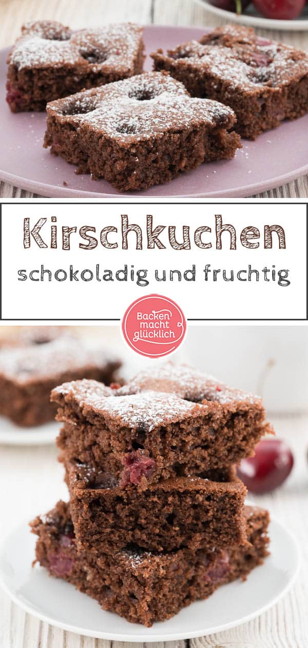 Dieser saftige Schoko-Kirschkuchen vom Blech vereint leicht herbe Zartbitterschokolade und fruchtig süße Kirschen. Der Schokoladenkuchen mit Kirschen ist ein echtes Geschmackserlebnis und ein toller Snack für den Sommer. #schoko #schokoladenkuchen #kuchen #kirschen #kirschkuchen #schokolade #backenmachtglücklich