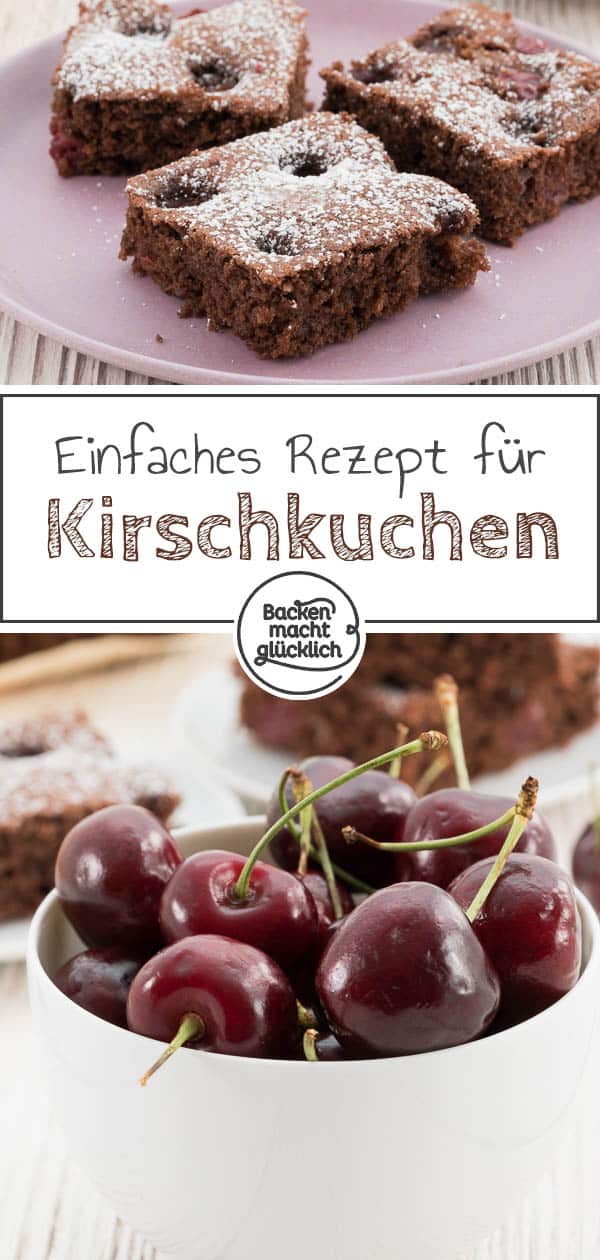 Dieser saftige Schoko-Kirschkuchen vom Blech vereint leicht herbe Zartbitterschokolade und fruchtig süße Kirschen. Der Schokoladenkuchen mit Kirschen ist ein echtes Geschmackserlebnis und ein toller Snack für den Sommer. #schoko #schokoladenkuchen #kuchen #kirschen #kirschkuchen #schokolade #backenmachtglücklich