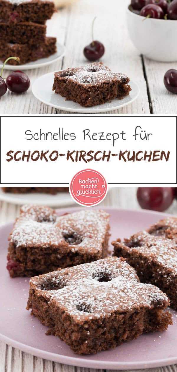 Dieser saftige Schoko-Kirschkuchen vom Blech vereint leicht herbe Zartbitterschokolade und fruchtig süße Kirschen. Der Schokoladenkuchen mit Kirschen ist ein echtes Geschmackserlebnis und ein toller Snack für den Sommer. #schoko #schokoladenkuchen #kuchen #kirschen #kirschkuchen #schokolade #backenmachtglücklich