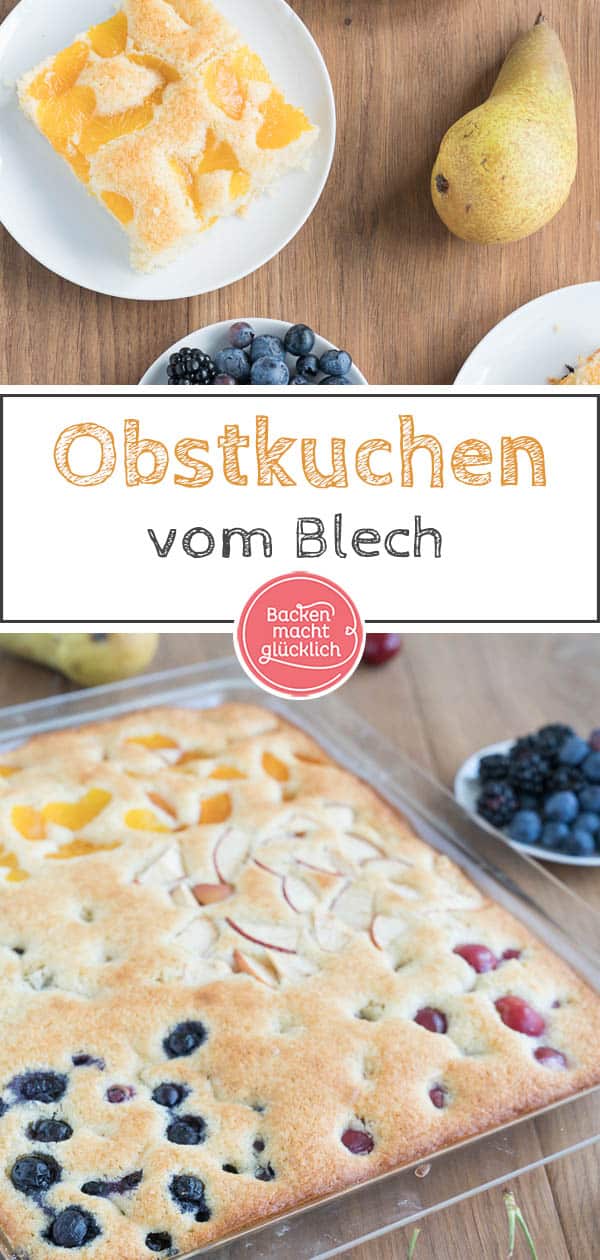 Dieser köstliche Obstkuchen vom Blech ist ein echter Allrounder, denn er lässt sich mit so vielen verschiedenen Früchten kombinieren. Den einfachen Obstkuchen aus Rührteig könnt ihr zum Beispiel mit frischen Blaubeeren, Kirschen, Äpfeln oder Aprikosen verfeinern. #kuchen #obstkuchen #obstkuchenvomblech #einfach #schnellbacken #backenmachtglücklich